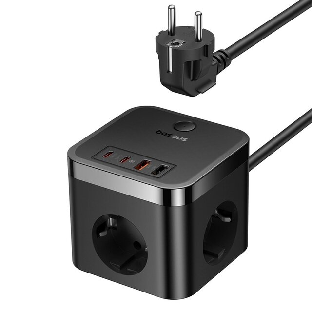 Сетевой фильтр удлинитель Baseus PowerCombo Cube Power Strip (7 в 1) 3AC (3-Розетки)+2U+2C 30W длина кабеля 1.5m EU (E00066400117-00)