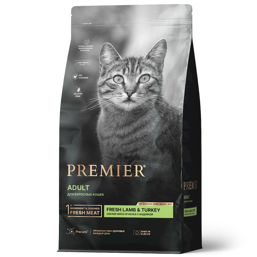 Premier Cat Lamb Turkey Adult сухой корм для взрослых кошек, свежее мясо ягненка с индейкой 2 кг