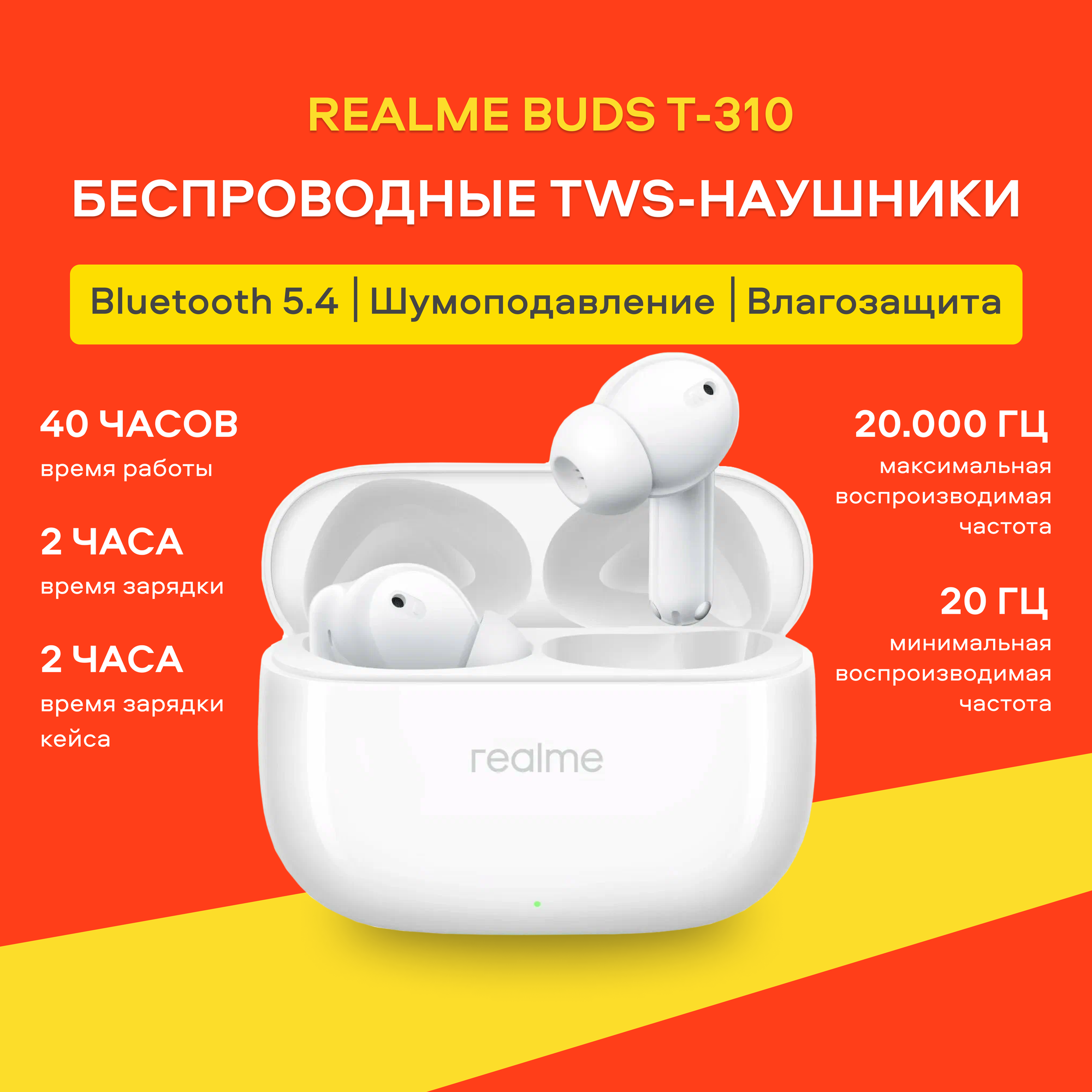Беспроводные TWS-наушники RealMe Buds T310 White, влагозащита