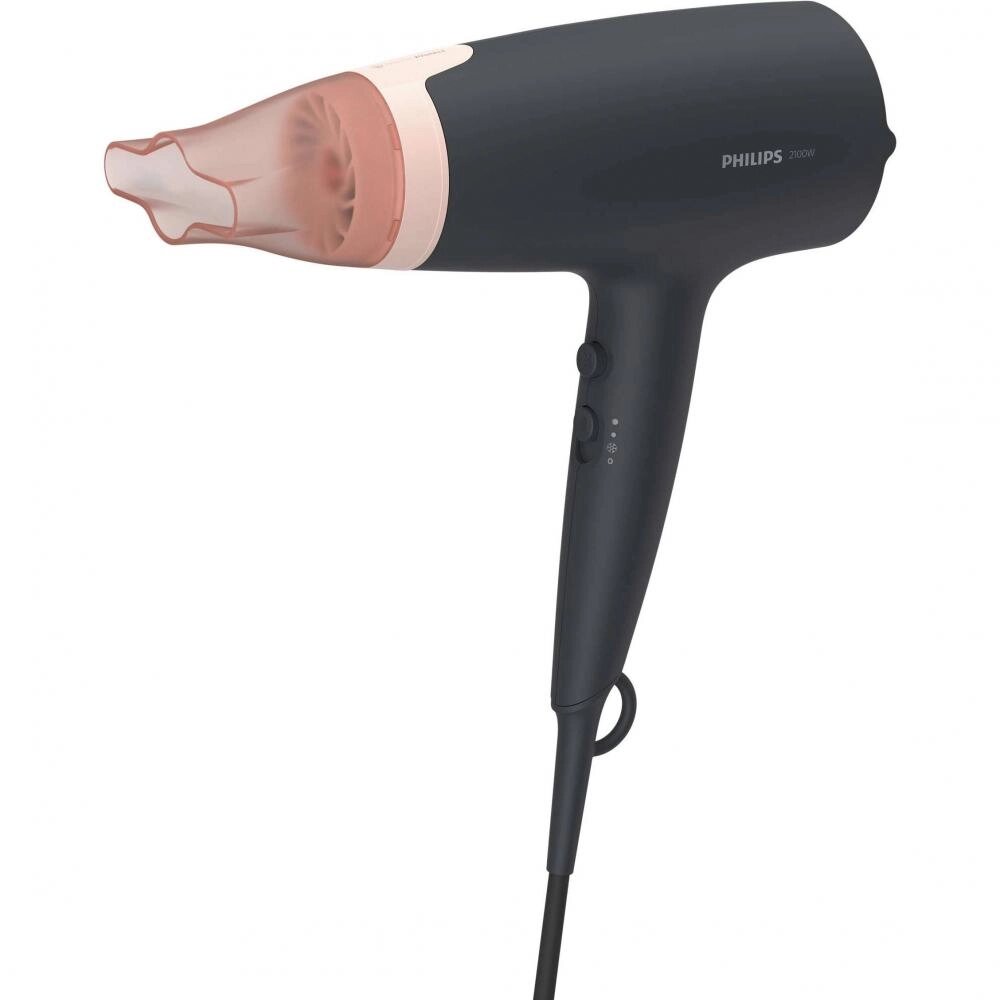 Фен для волос Philips Series 3000 BHD350/10, 2100 Вт, насадка ThermoProtect, концентратор 14 мм, ионизация, холодный обдув, черный/розовый