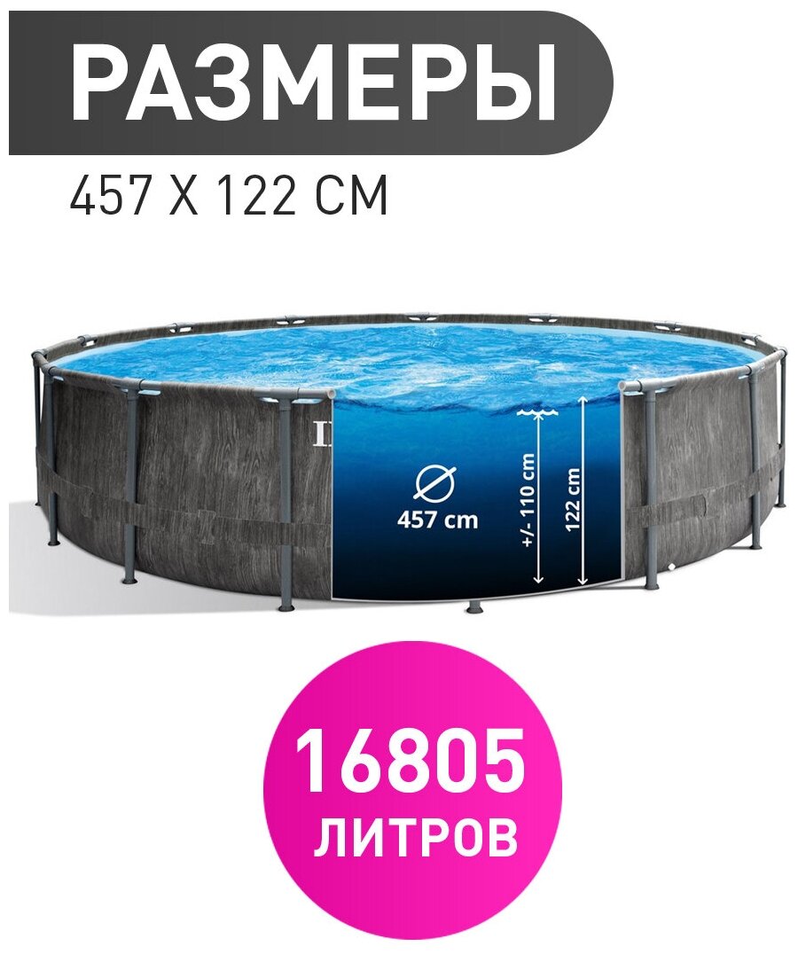 Бассейн каркасный круглый 457х122см с фильтром и насосом 3785л/ч INTEX Prism Frame Greywood (26742NP) - фотография № 5