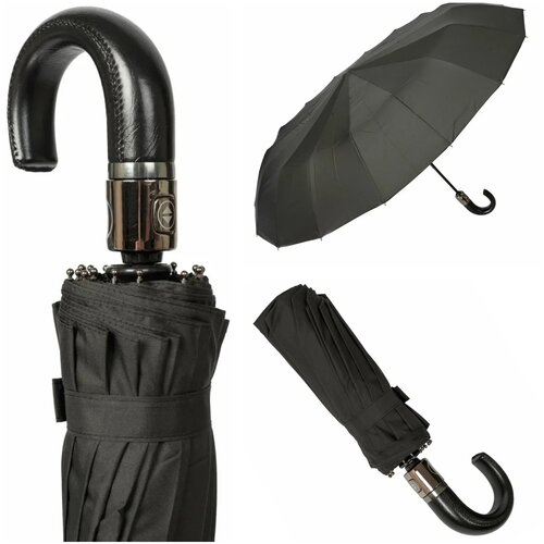 Зонт мужской Popular, полный автомат, ручка кожаный крюк, купол 105см, 16 спиц. черный  