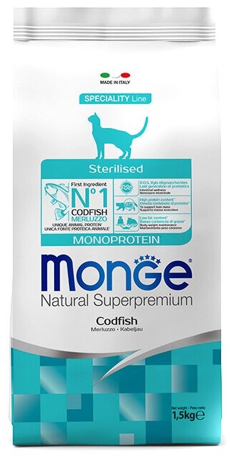 Monge Cat Monoprotein Sterilised Merluzzo корм для стерилизованных кошек с треской 1,5 кг - фотография № 17
