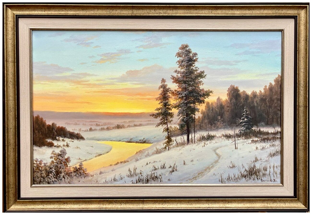Картина маслом, зимний пейзаж "Зимняя река"