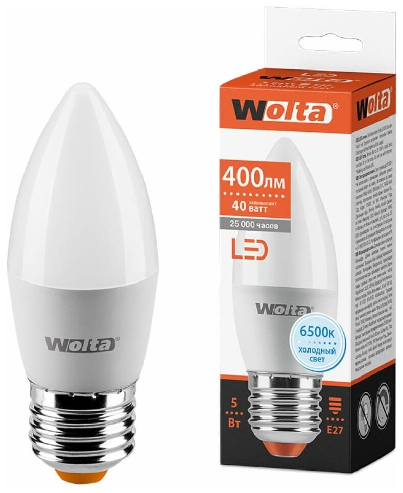 Светодиодная лампа WOLTA Standard C37 5Вт 400лм Е27 6500К - фото №1