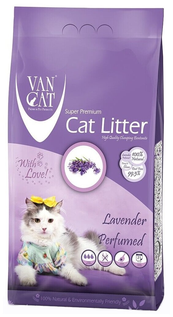Van Cat Комкующийся наполнитель без пыли с ароматом Лаванды, пакет (Lavender)UNRI013, 10 кг