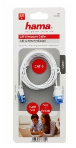 Патч-корд Hama Slim-Flexible UTP 4 пары cat6 1.5м белый RJ-45 (m)-RJ-45 (m)