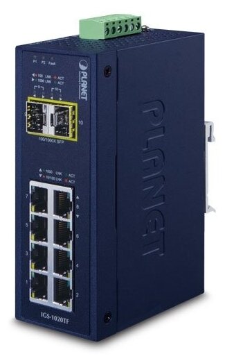 Промышленный коммутатор PLANET IGS-1020TF IP30 Industrial 8-Port 101001000T 2-Port 1001000X SFP Ethernet Switch -4075 degrees C