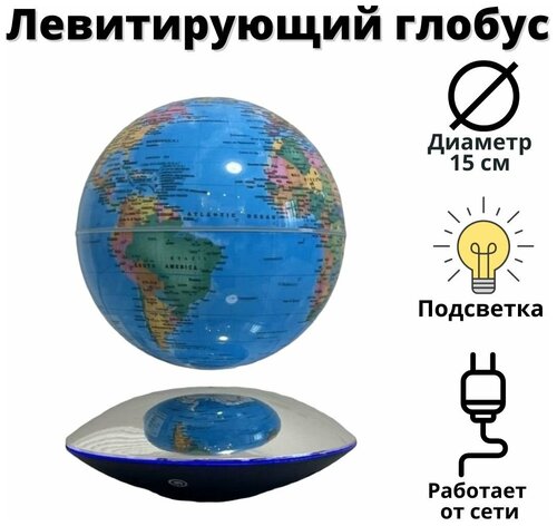 Левитирующий глобус политический D=15 см, голубой