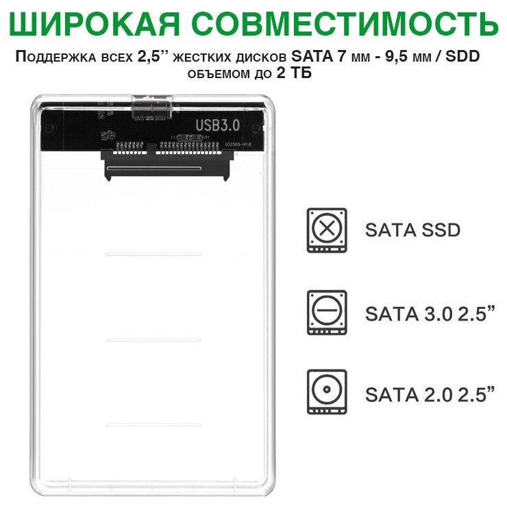 Корпус для жесткого диска прозрачный SATA 25 - USB 30