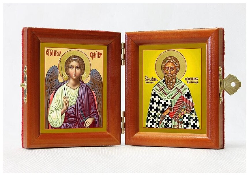 Складень именной "Святитель Иоанн Постник, патриарх Константинопольский - Ангел Хранитель", из двух икон 8*9,5 см