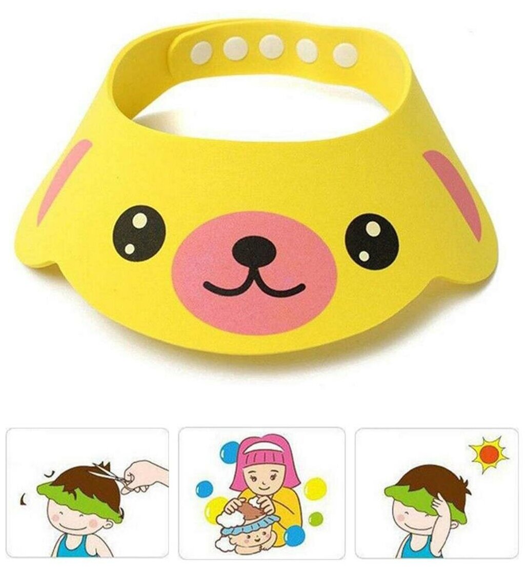фото Легкий регулируемый козырек картофан для мытья головы с защитой от шампуня при купании (детский зонтик для душа без слез), жёлтый медвежонок