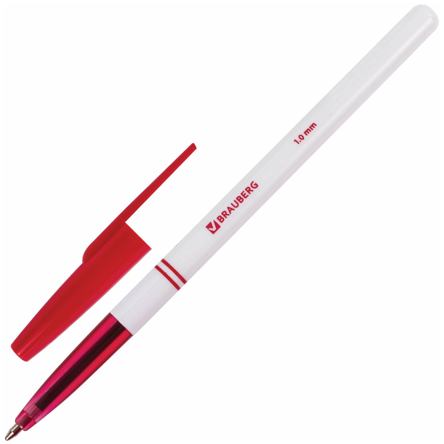 Ручка шариковая BRAUBERG "Офисная", красная, корпус белый, узел 1 мм, линия письма 0,5 мм, 140892 - 48 шт.