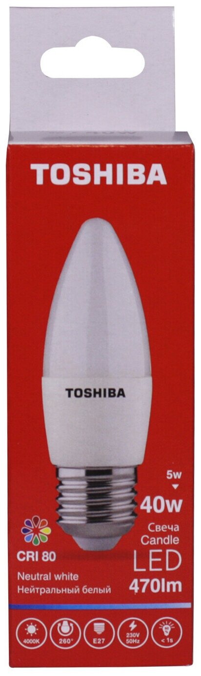 Лампа светодиодная TOSHIBA Candle C35 40W 4000K CRI 80 ND E27 (5W 470 lm260°)