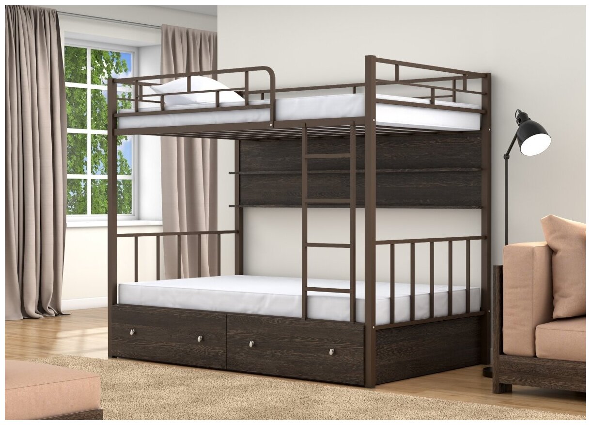 Двухъярусная кровать металлическая "Валенсия-120" коричневая 120х190 см с ящиками и полками венге для детей и взрослых двухэтажная двуспальная детская