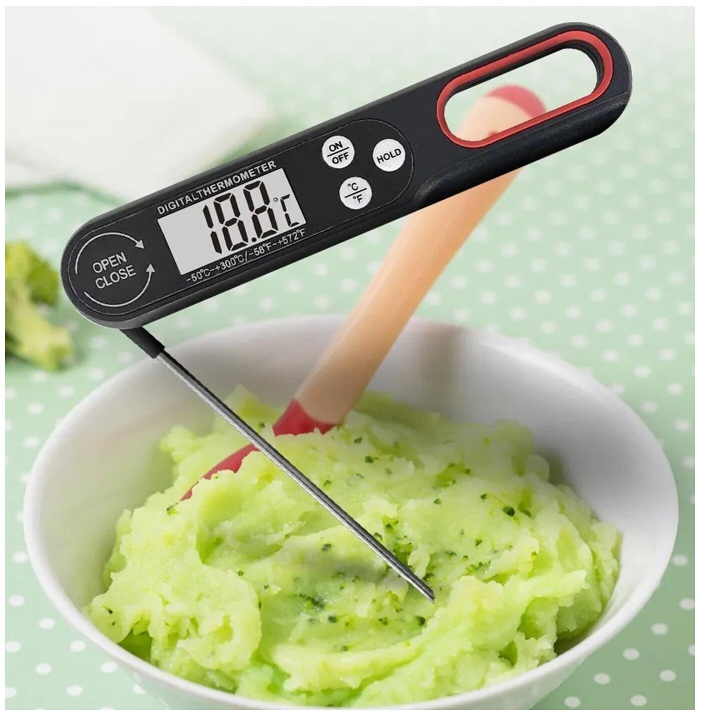 Термометр кулинарный складной с выносным щупом для жидкости и еды .