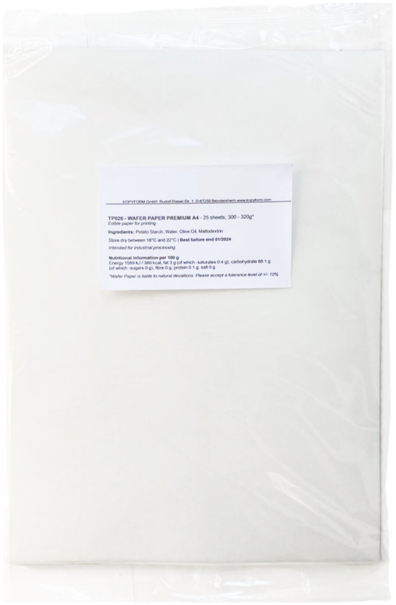 Вафельная бумага KopyForm Wafer Paper Premium для печати на пищевом принтере, размер А4, 25 листов, толстая