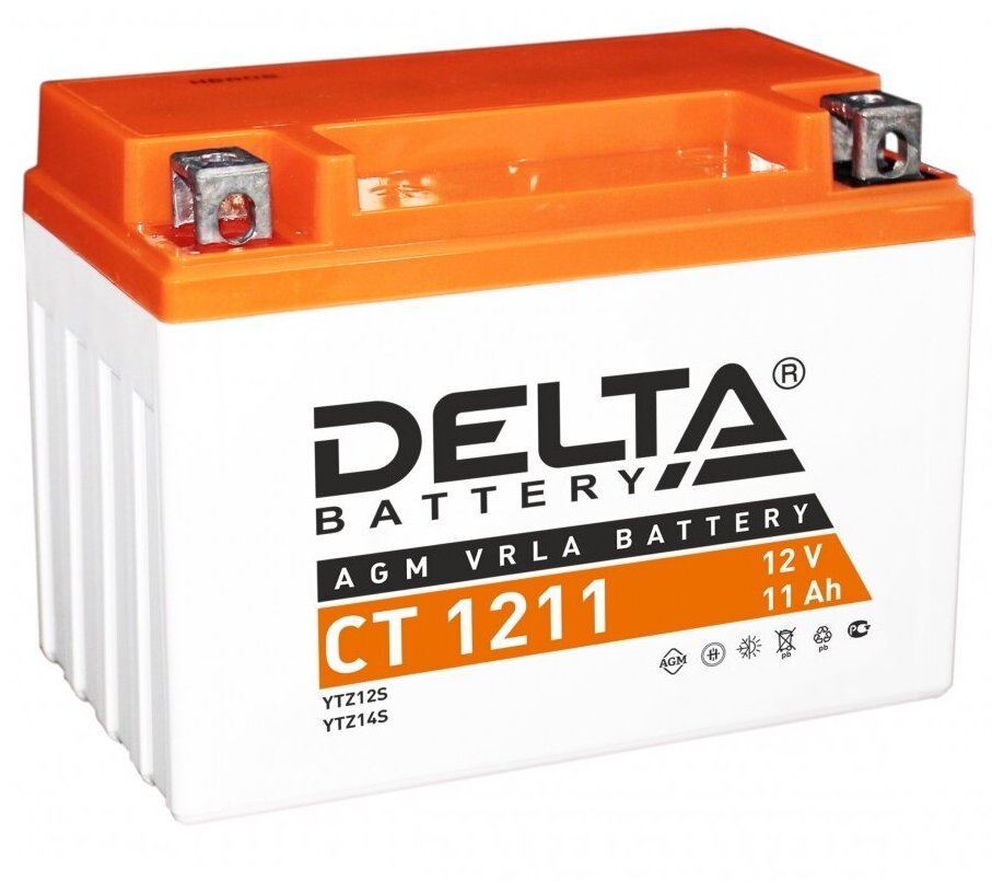 Аккумулятор для мотоцикла и скутера Delta CT1211 12V 11 А/ч 210 A прям. пол. залит/заряжен YTZ12S, YTZ14S (150х87х110) AGM VRLA