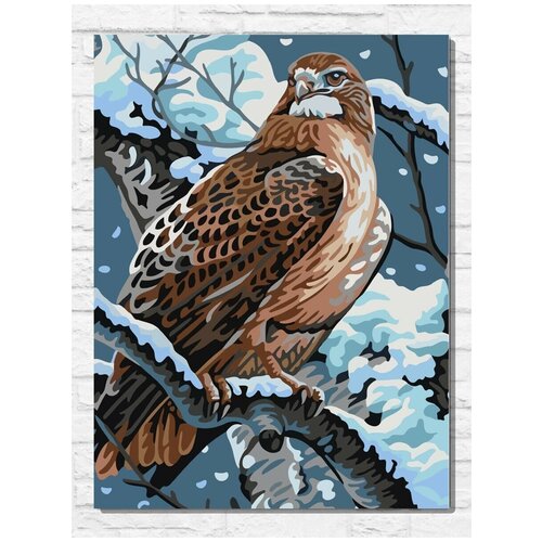 картина по номерам в зимнем пальто 30x40 см Картина по номерам на холсте сокол в зимнем лесу (птица, лес) - 9374 В 30x40