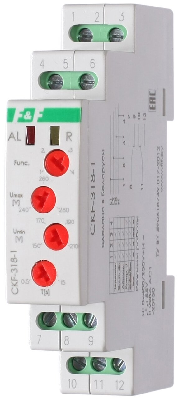 Реле контроля наличия и чередования фаз CKF-318-1 (контроль чередования; слипания фаз; регулировка верх. и нижн. порога напряжения; регулировка задержки отключения; 1 модуль; монтаж на DIN-рейке)(аналог РНПП-311М) F&F EA04.002.007 (3шт. в упак.)