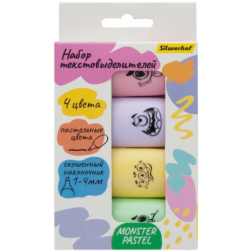 Набор текстовыделителей Silwerhof Monster Pastel 1-4мм 4 цвета коробка с европодвесом