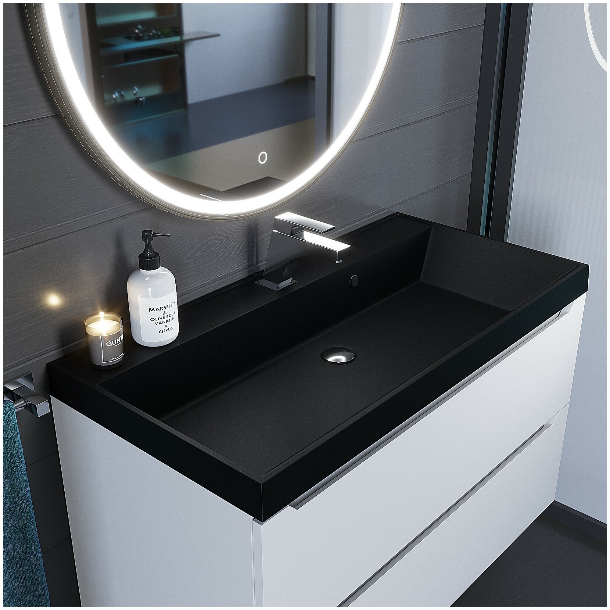 Раковина кварцевая для ванной комнаты Uperwood Classic Quartz 90 см, черная матовая, космос