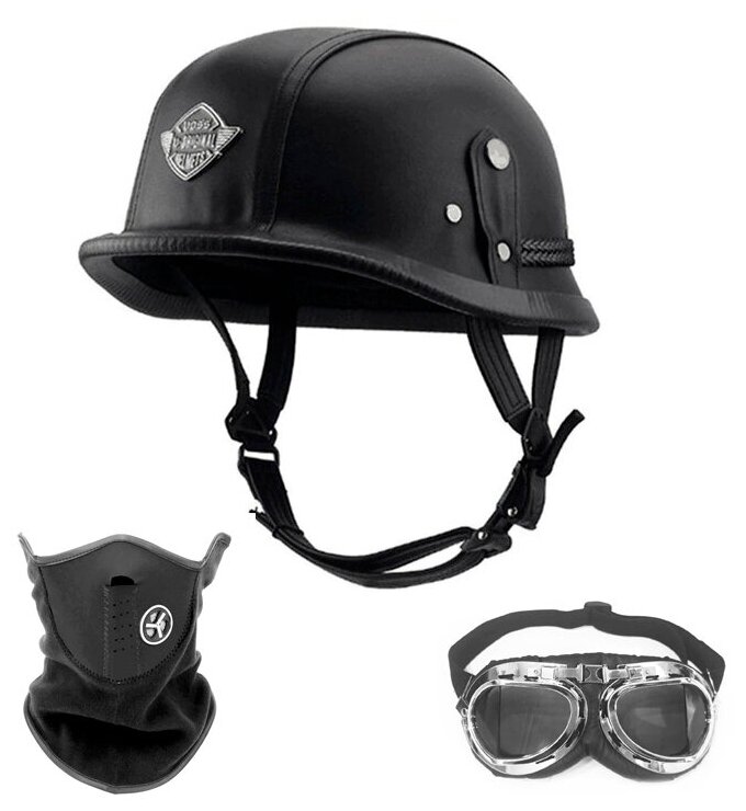 Каска немецкая с ветрозащитой и очками для мотоцикла и скутера (черная) размер XL / Мотокаска в стиле милитари / Мотошлем / Шлем для мотоцикла