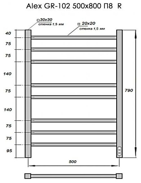 Полотенцесушитель электрический GROIS Alex GR-102 500/800 П8 RAL9016 белый матовый диммер слева - фотография № 4