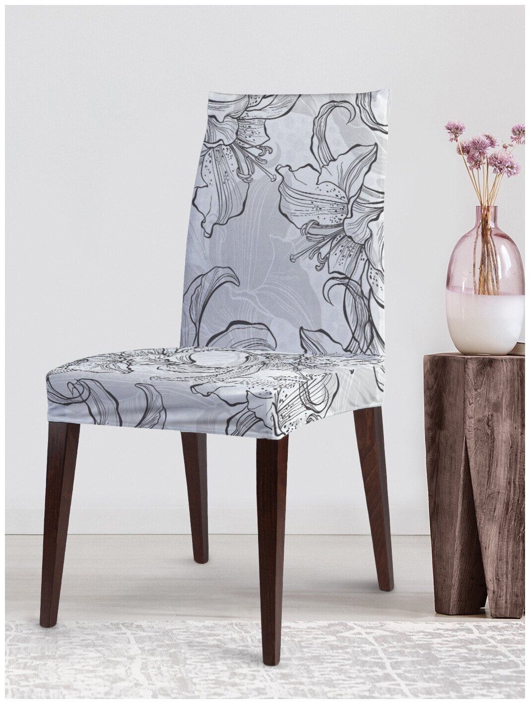 Декоративный чехол на стул JoyArty "Цветочный узор карандашом" со спинкой велюровый