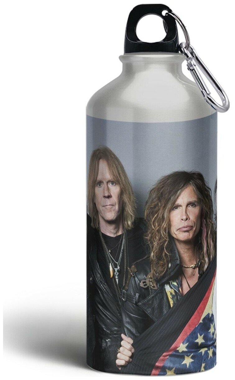 Бутылка спортивная,туристическая фляга, 500мл с карабином Aerosmith (Стивен Тайлер, Джо Перри, Rammstein, Marilyn Manson) - 947