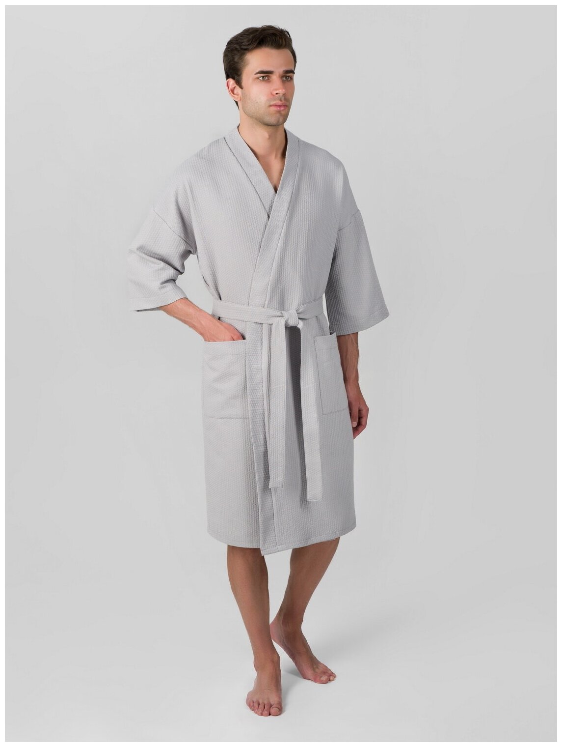 Вафельный халат Кимоно унисекс "Ромбы", серый. Размер 50-52 - фотография № 5