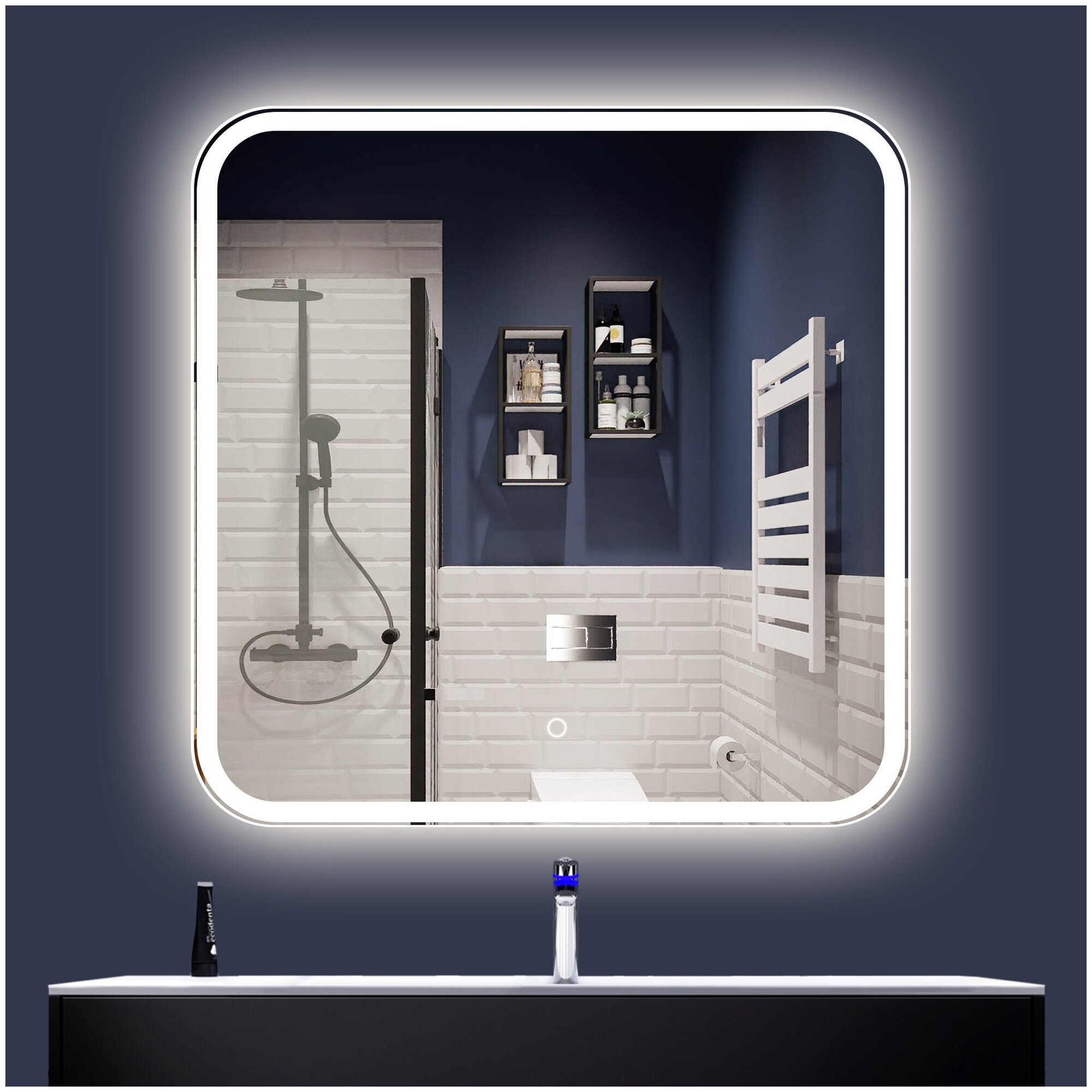 Зеркало "LORENA" 80 х 80 см, в ванную комнату с LED подсветкой (6000 К), настенное зеркало в прихожую для макияжа, зеркало интерьерное на стену