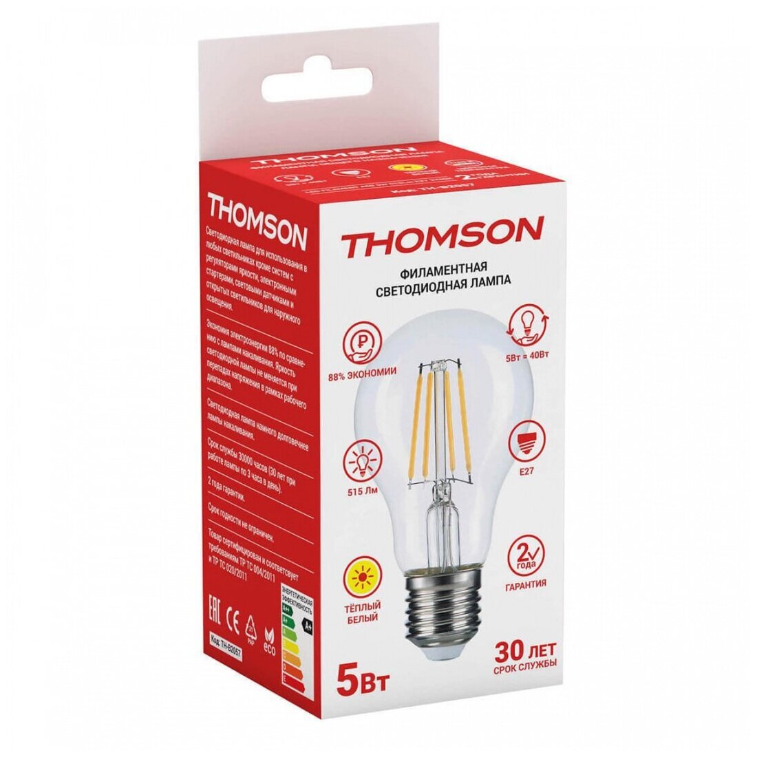 Типы/Лампочки/Филаментные Thomson Лампа светодиодная филаментная Thomson E27 5W 2700K груша прозрачная TH-B2057