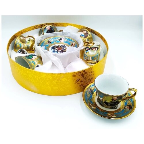 Подарочный кофейный набор Императоры Россиина 6 персон фарфор, праздничный набор посуды, фарфоровый кофейный набор посуды, кофейный сервиз