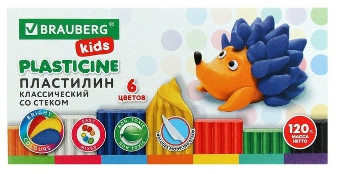 Пластилин 6цв 120г BRAUBERG "KIDS", со стеком, высшее качество 106435 9049420