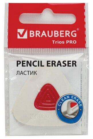 Ластик BRAUBERG "Trios PRO", 36х36х9 мм, белый, треугольный, красный пластиковый держатель, 229559, 36 штук