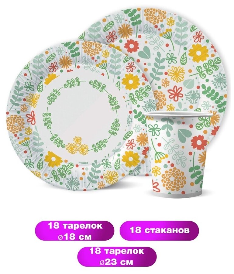 Набор бумажной одноразовой посуды для праздника Желтые цветы (тарелка мал, тарелка бол, стакан, по 18 шт.) ND Play