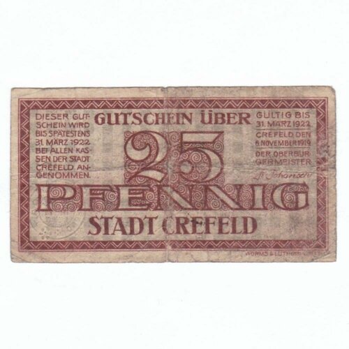 Германия (Веймарская Республика) Крефельд 25 пфеннигов 1919 г. германия веймарская республика графрат 5 пфеннигов 1919 г