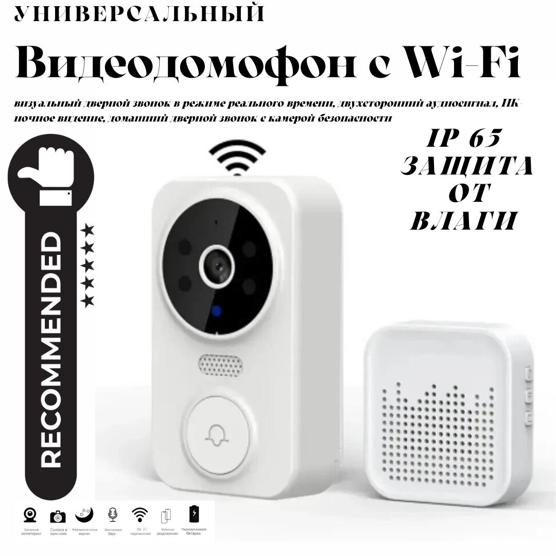 фото Беспроводной видеодомофон с двухсторонней связью WI-FI / Дверной видеозвонок с ИК-ночным видением / Умная камера-домофон для входной двери