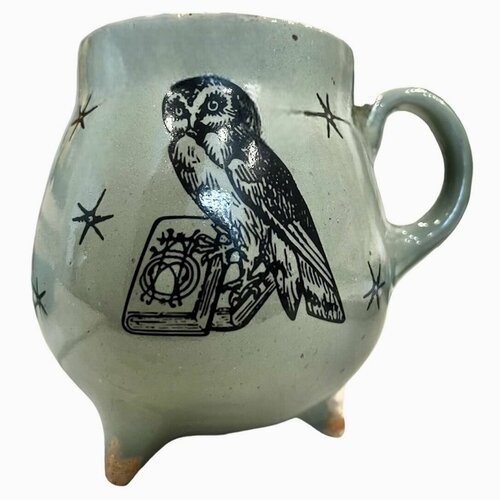 Кружка-котелок ручной работы на ножках Сова зелёная керамика 350 мл 3756₽