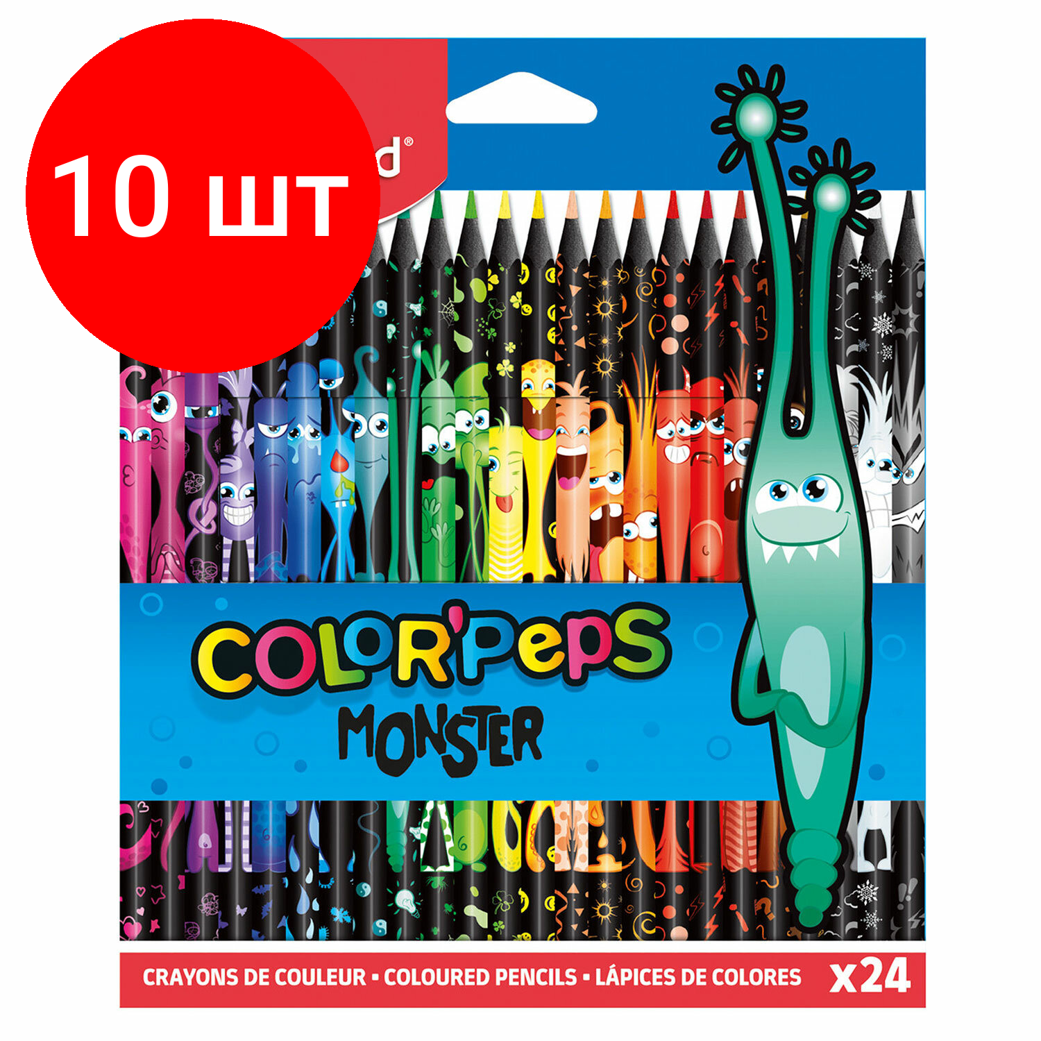 Комплект 10 шт, Карандаши цветные MAPED COLOR PEP'S Black Monster, набор 24 цвета, пластиковый корпус, 862624