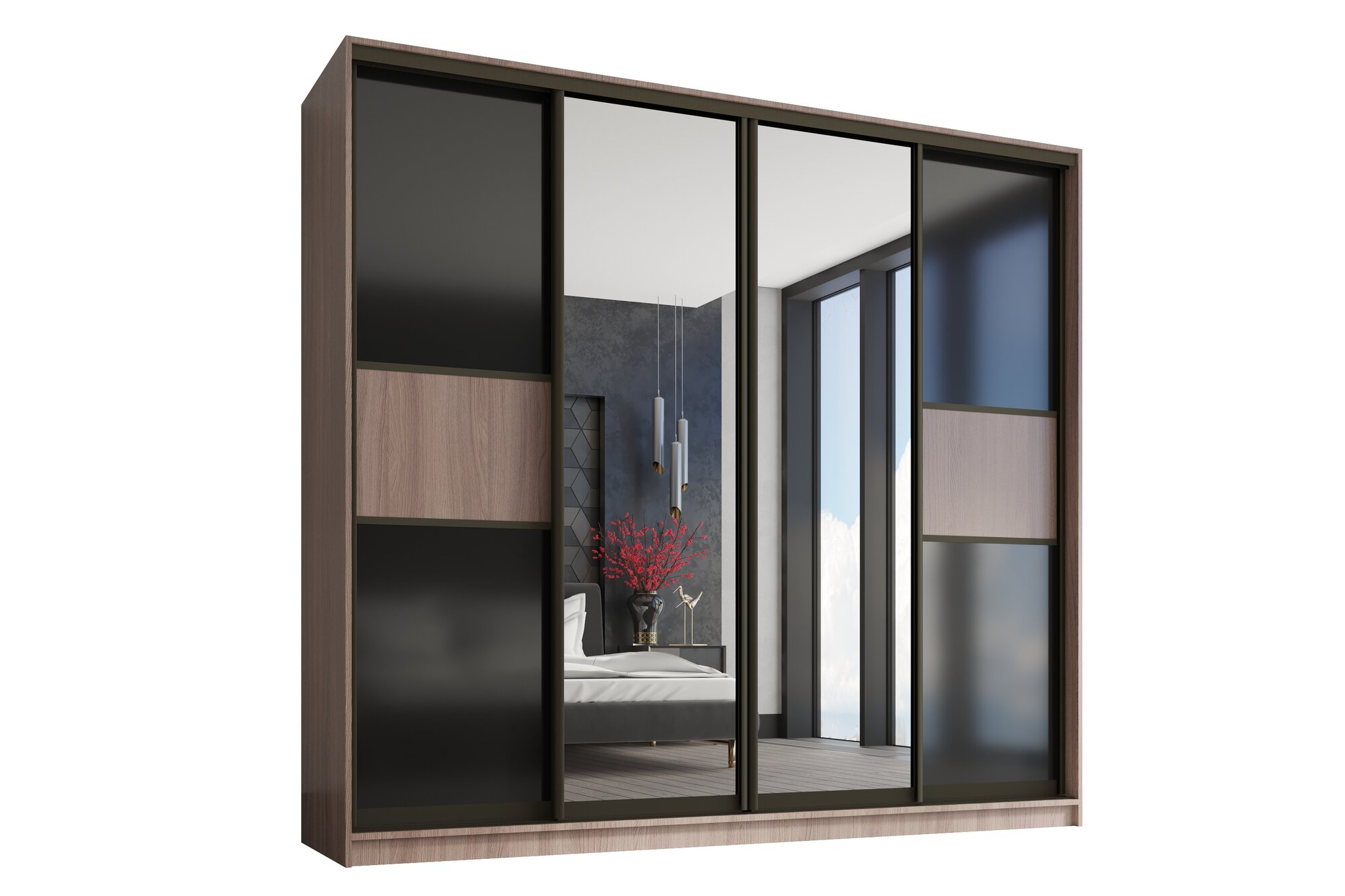 Шкаф-купе Индиго 4 200-45-220 ясень шимо темный профиль коньяк наполнение белье/платье/белье