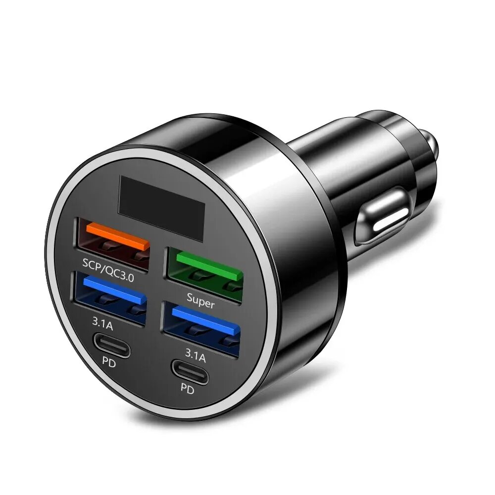 6-портовое автомобильное зарядное устройство PD QC3.0 USB C Автомобильное зарядное устройство для телефона Адаптер типа C в автомобиле Быстрая зарядка 100 Вт для IPhone Samsung Huawei Xiaomi, 6 port Black, 6 Port Car Charger