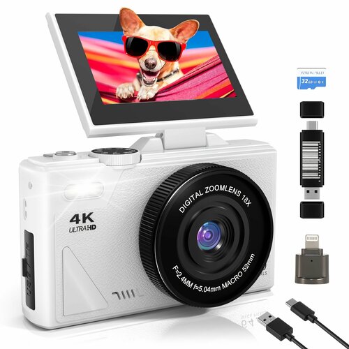 Цифровая камера 64MP 4K HD с 18-кратным зумом 3-дюймовым поворачивающимся экраном идеально подходит для влогов и фотографии 7800₽
