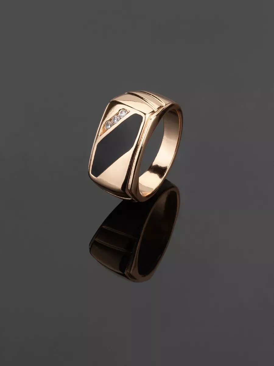 Печатка TEKA, эмаль, фианит, размер 22, золотистый/черный — фото 1