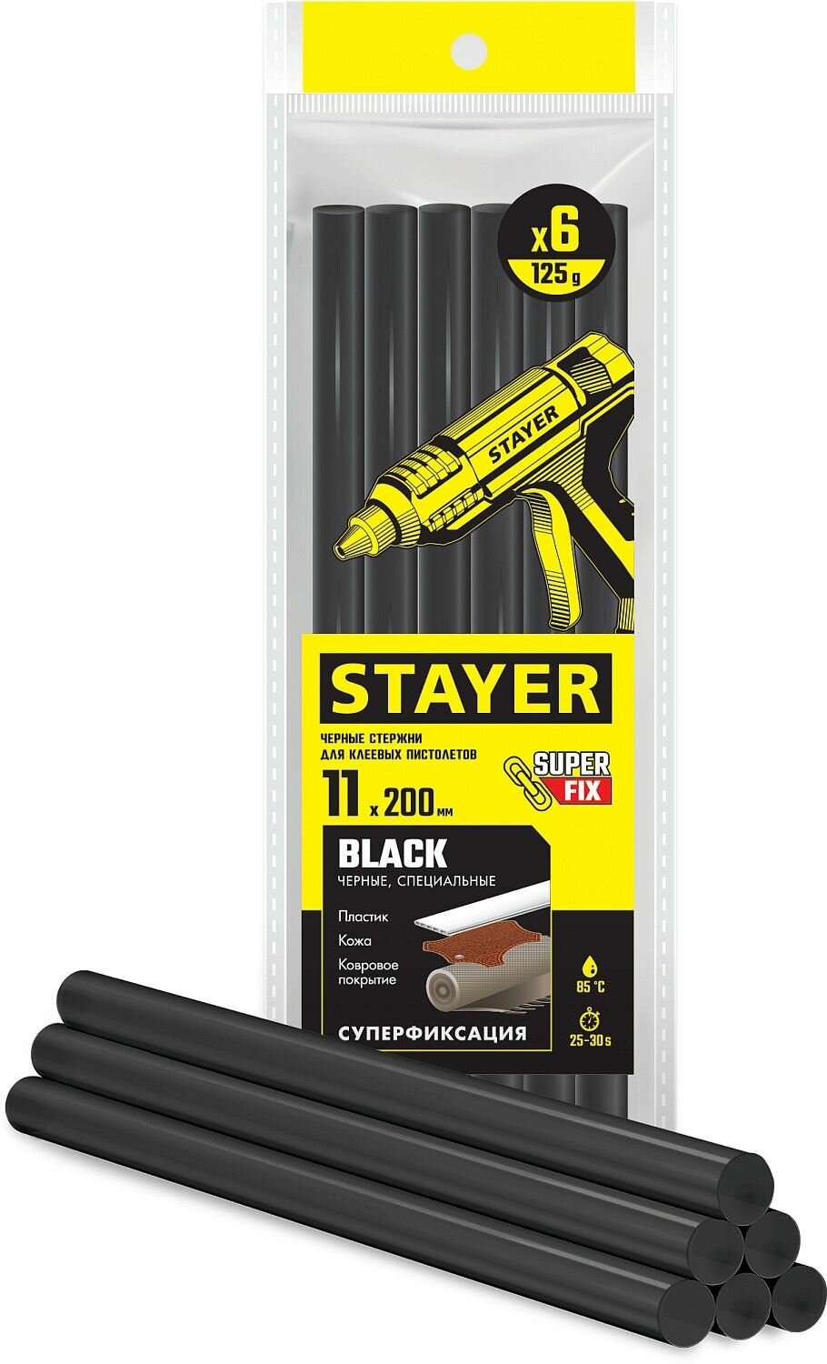 Клеевые стержни STAYER Black чёрные 11 х 200 мм 6 шт Professional (2-06821-D-S06)
