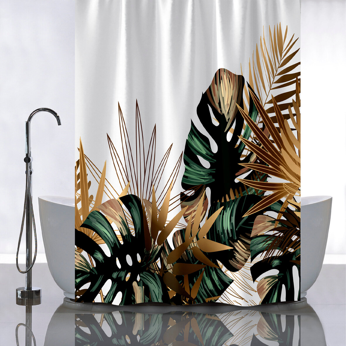 Штора с рисунком санакс 01-111 многоцветная тропические листья с золотом в ванную комнату без колец - полиэстэр 180 х 180 см