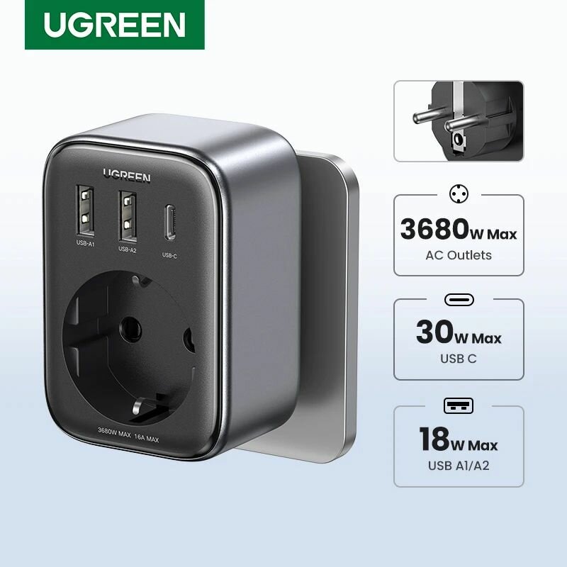 Сетевое зарядное устройство UGREEN CD314 (90613), 1 AC outlets + 30W 2A1C. Цвет: черный
