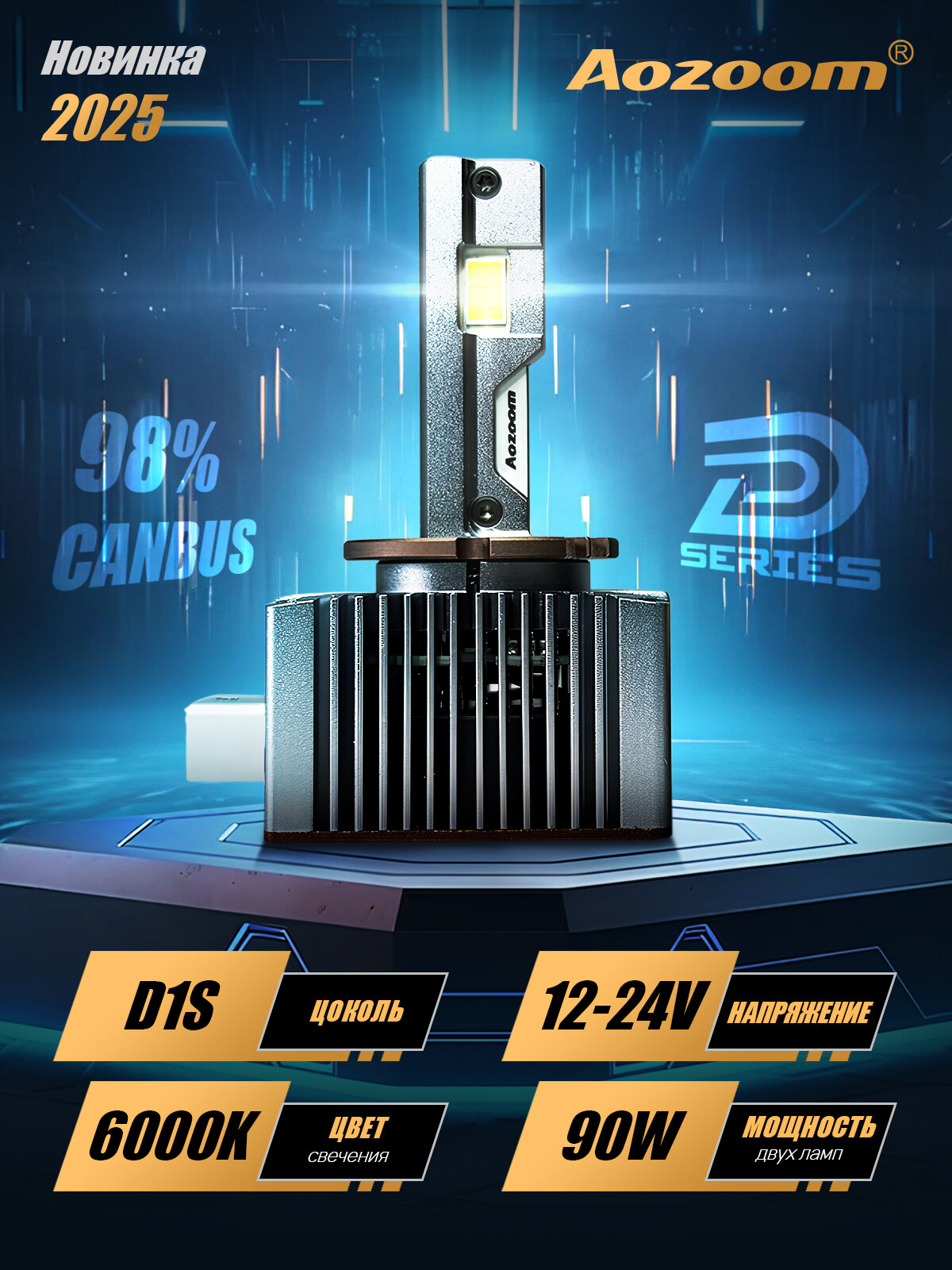 Светодиодные автомобильные лампы LED Aozoom KING D1S (90W/6000K) c обманкой CANBUS