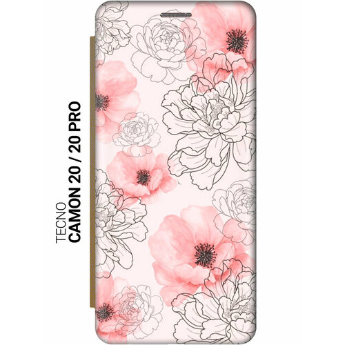 фото Чехол-книжка на tecno camon 20 / 20 pro / техно камон 20 / 20 про с рисунком "нежно-розовые цветы" золотистый slvgo